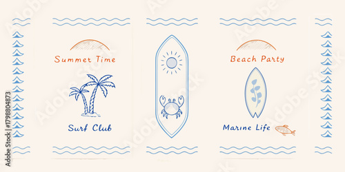 Hand drawn doodle illustrations of summer beach party surf club and marine life with palm trees and ocean waves