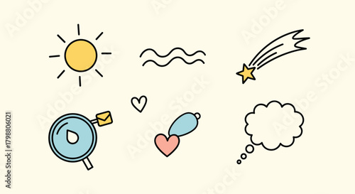 Cute hand-drawn doodle icons representing various concepts like nature, feelings, and thoughts on a plain background.