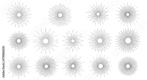 Collection of vintage sunbursts and starbursts, decorative graphic elements with radiating lines and geometric centers, isolated on white.