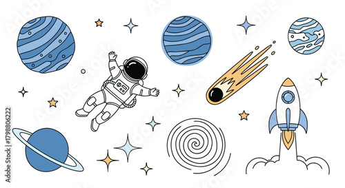 Whimsical space collection featuring cartoon planets, a floating astronaut, a launching rocket, and a comet with stars, ideal for design.