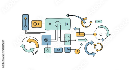 Abstract hand-drawn illustration of a dynamic network with interconnected symbols, arrows, and shapes, representing processes, flow, and conceptual ideas.