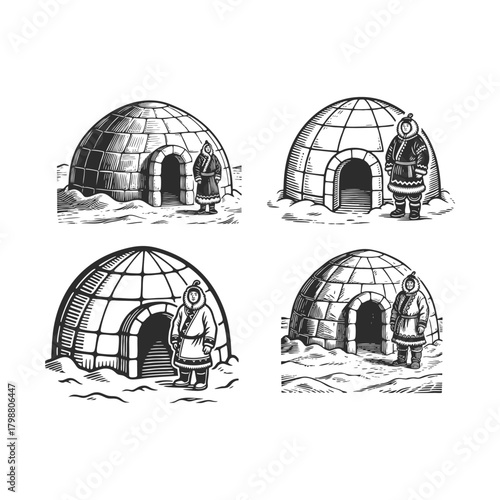 Vintage engraving style illustration set of four scenes featuring a traditional Inuit person standing outside an igloo in a snowy landscape vector template