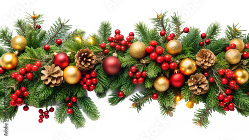 Festive christmas garland made of green fir branches, decorated with red berries, golden and red baubles, pine cones, and small lights, isolated on a transparent background