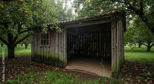 Old wooden shed in an orchard with trees and fallen leaves.