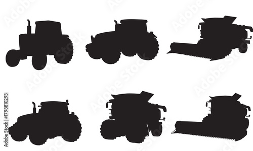 Collection of black silhouette farm tractors and harvesters