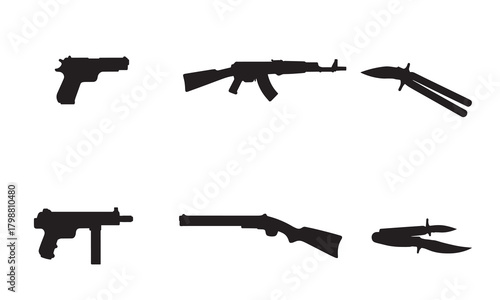 Silhouette icons of various firearms and adobe illustrator logo