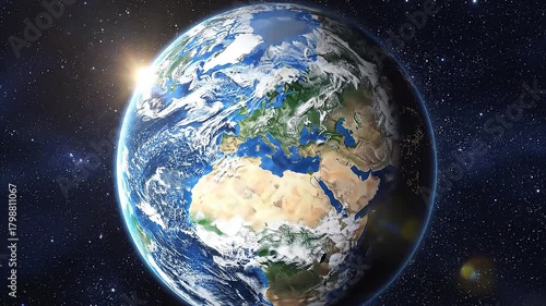 Stunning view of planet Earth from space, illuminated by the sun, showcasing continents and clouds against a starry backdrop