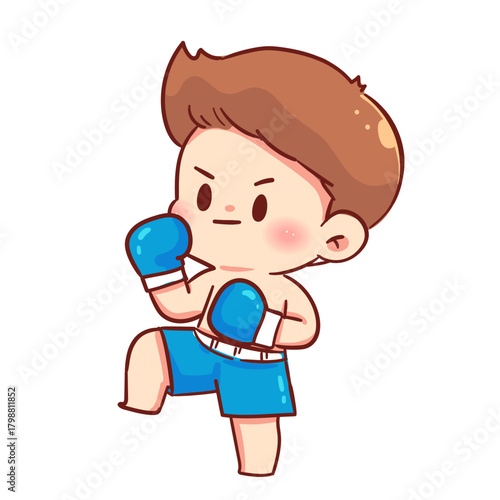 Determined Chibi Muay Thai Boxer Ready Stance Knee Guard