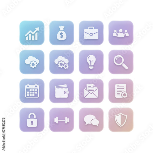 Glassmorphism Business and Finance Icon Set on Gradient Background