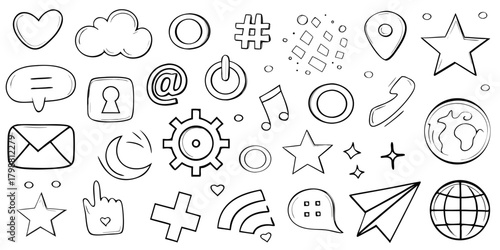 Collection of hand drawn doodle icons representing social media communication technology and symbols