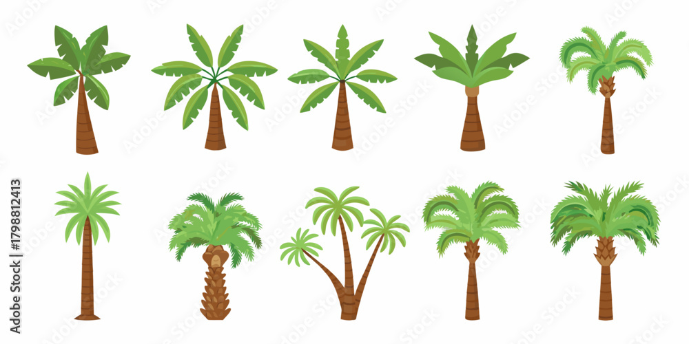 Fototapeta premium Collection of diverse cartoon palm trees with green leaves and brown trunks on a white background