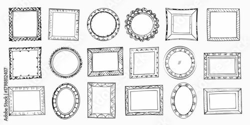 Collection of hand drawn sketchy picture frames and borders in various shapes and styles