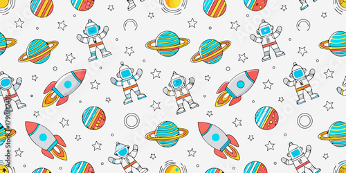 Cute cartoon space pattern with astronauts rockets planets and stars on white background