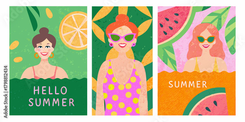 Vibrant summer illustrations featuring happy women in swimsuits surrounded by tropical fruits and leaves