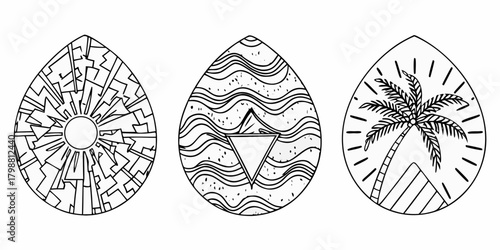 Three stylized teardrop shapes with black line art illustrations of a sun waves and palm tree