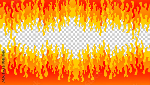 Fire border silhouette seamless pattern. Cartoon fire border illustration. Fire border pattern. Flame ornamental line. Cartoon flaming blaze on transparent background.