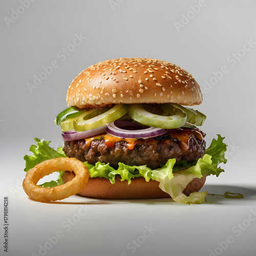 Hamburger with fries on a wooden table