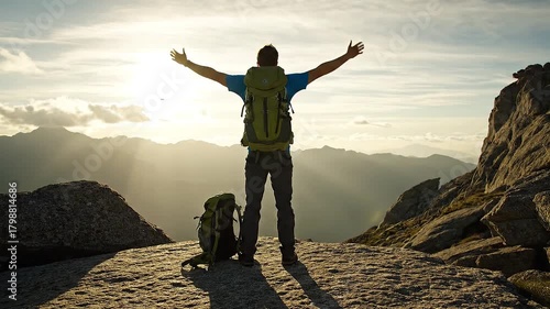 Backpacking adventure at sunrise with arms outstretched in triumph atop a mountain peak, embracing the breathtaking panoramic vista, a symbol of achievement and freedom