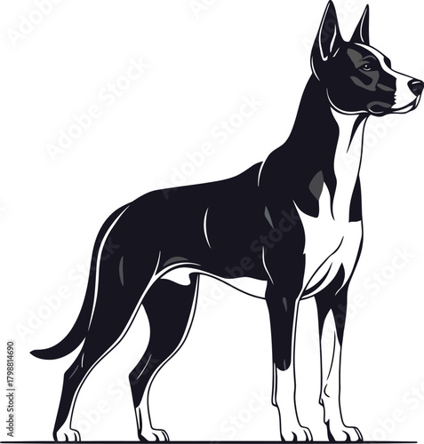 Elegant black and white illustration of a majestic dog in a proud standing profile, showcasing its sleek and strong form, ideal for modern pet-themed designs