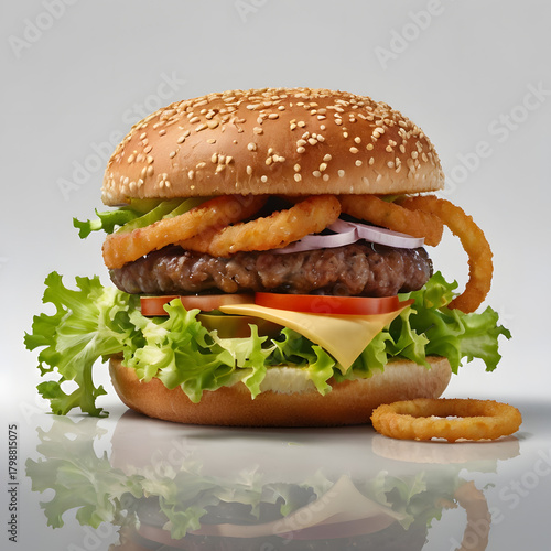 Hamburger served on a white plate on a wooden table