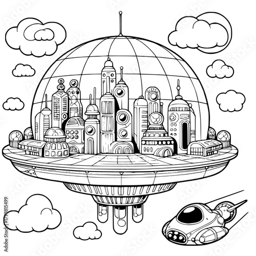Outlined futuristic city inside a dome on a flying saucer with a spaceship and clouds around it
