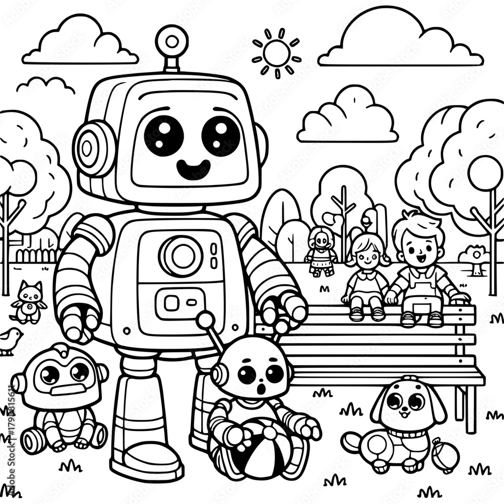 Naklejka premium Robot and friends in the park coloring page with children and toy robots on a sunny day outdoors