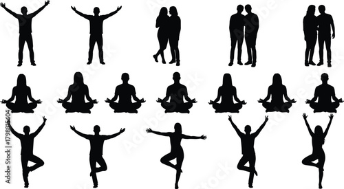 Collection of diverse human silhouettes practicing yoga meditation poses, tree poses, and couple standing figures for fitness wellness illustration design