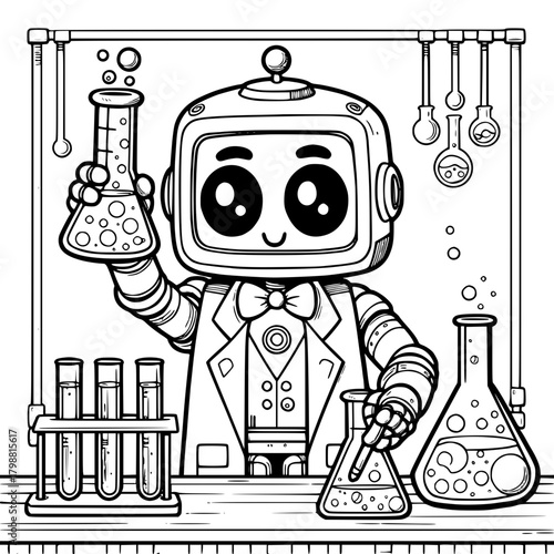 Cartoon robot scientist in lab coat holding beaker with test tubes and flasks, outline drawing style