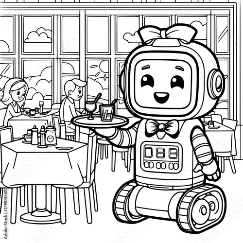 Illustration of a robot waiter serving drinks in a restaurant with customers present and large windows