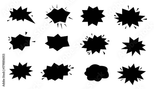 Comic Explosion & Burst Icons, Black silhoutte – Vector Elements for Retro Design and Labels