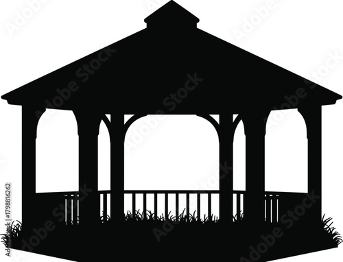 Elegant gazebo silhouette with arched openings and railings, black vector pavilion design for garden architecture, park landscape, outdoor decorative elements