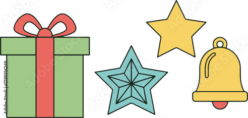 Festive christmas icons including gift tree stars and bell