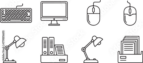 Simple line art icons of office and computer equipment