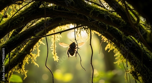 Silhouette of a bee hanging from a vine in a lush forest.