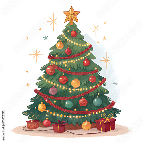 PNG Festive decorated Christmas tree illustration
