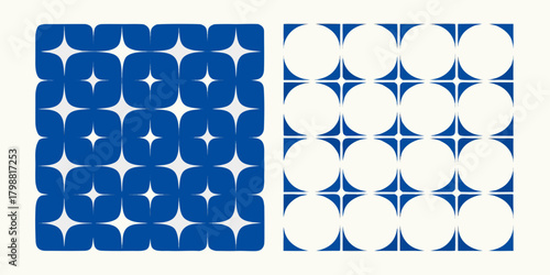 Two geometric patterns side by side one with blue star shapes and the other with white oval shapes