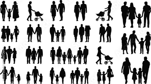 Large collection of family walking silhouettes, parents with children in various poses, lifestyle relationship vector illustration set for stock design use