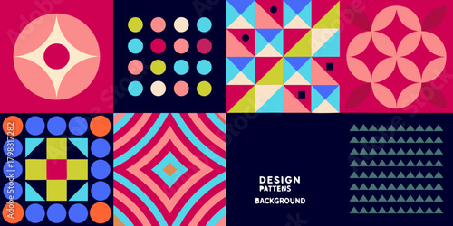 Abstract geometric patterns collage with circles squares triangles and stripes in vibrant colors