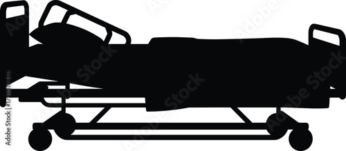 Hospital bed silhouette with medical frame, adjustable rails, mattress and wheels, ideal for healthcare design, medical equipment illustration and hospital facility projects