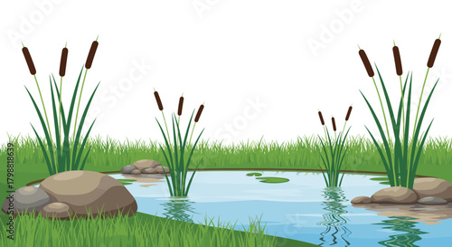 A tranquil pond in a grassy field with tall cattails and smooth rocks along its edge, reflecting the clear sky above.