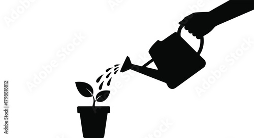 Silhouette of a hand watering a small plant in a pot, representing care, growth, and nurturing the environment.