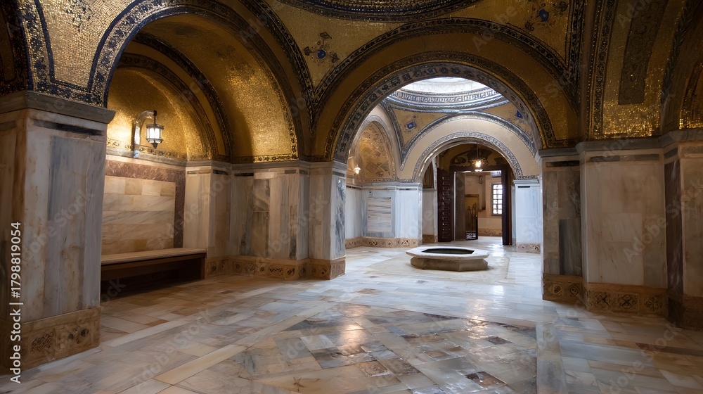 Obraz premium Opulent interior of a historical religious sanctuary featuring intricate gold mosaics on vaulted ceilings marble walls and arched doorways