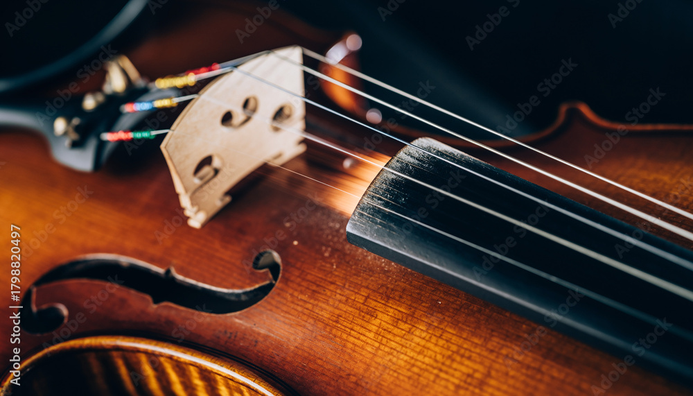Fototapeta premium Close up of Violin Strings and Bridge with Dark Background