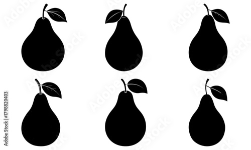 Silhouette arrangement of six pears with stems and leaves in a symmetrical pattern on a white background