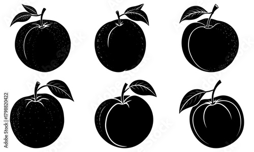 Illustration of six plums with leaves in black and white silhouette style vector graphic design
