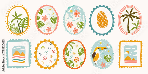 Collection of whimsical tropical themed decorative frames and stickers with palm trees flowers toucan and pineapple