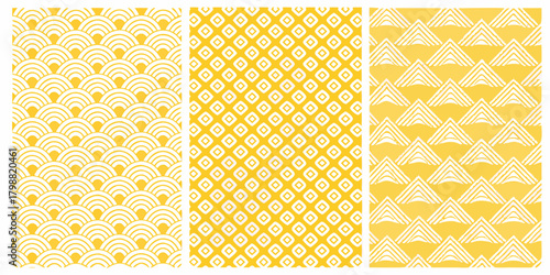 Three seamless yellow and white geometric patterns with wave diamond and triangle motifs