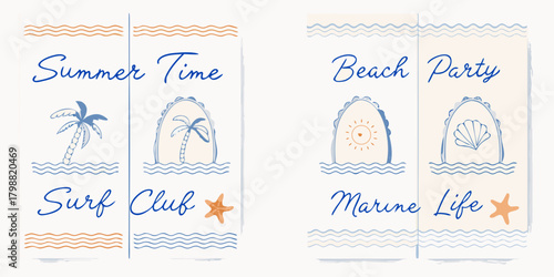 Charming hand drawn summer beach party and surf club illustrations with marine life elements