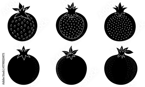 Six stylized black and white strawberries with varying seed patterns and leaf arrangements displayed