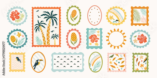 Collection of decorative tropical themed postage stamps with floral and nature elements